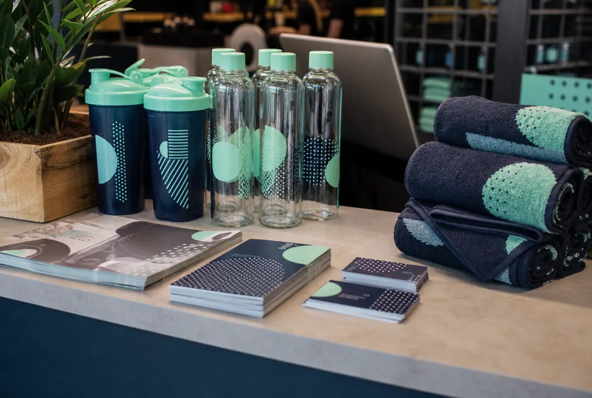 Shaker, Trinkflaschen, Mitgliedskarten und Flyer auf der Theke eines Fitnessstudios