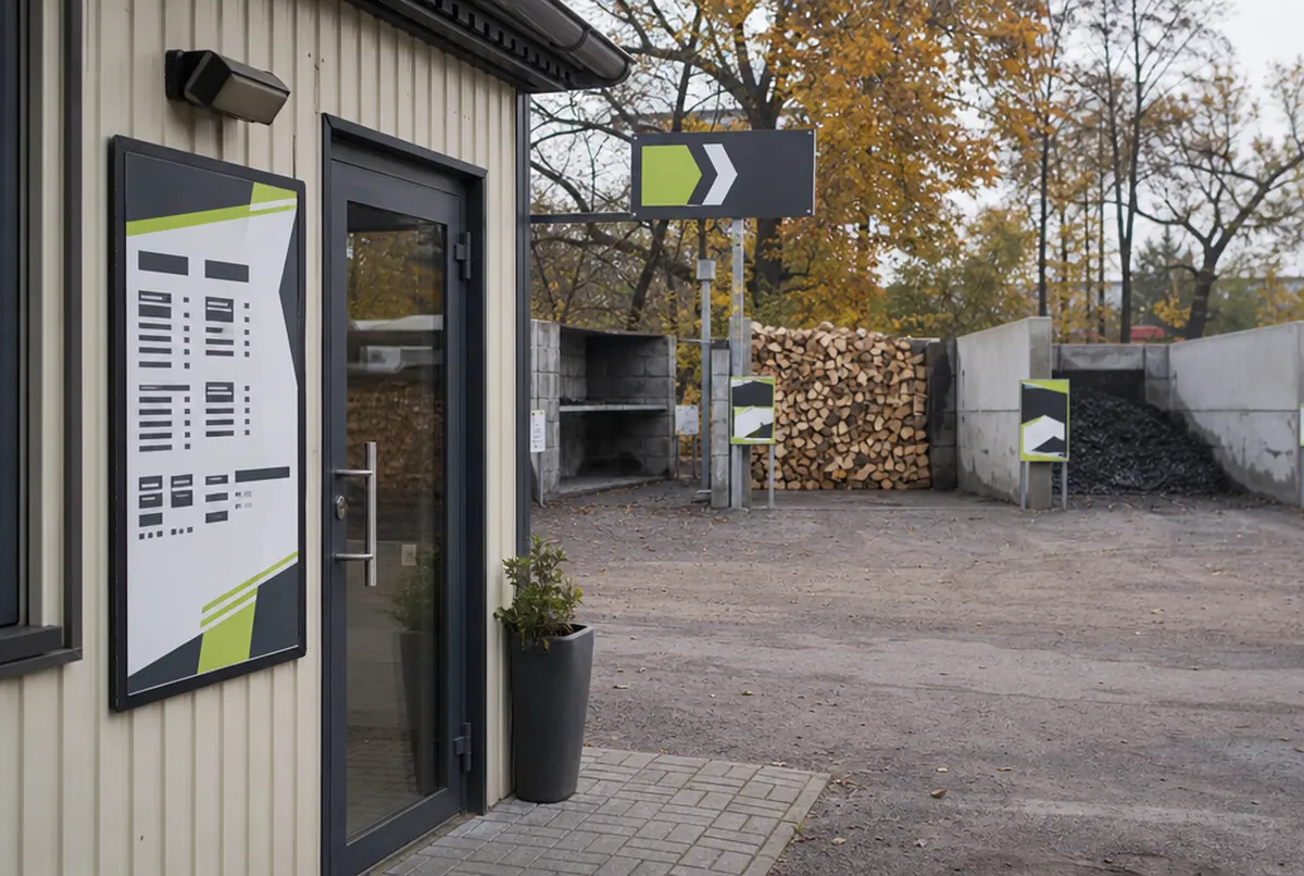 Price board by the office and bay signs at a fuel yard