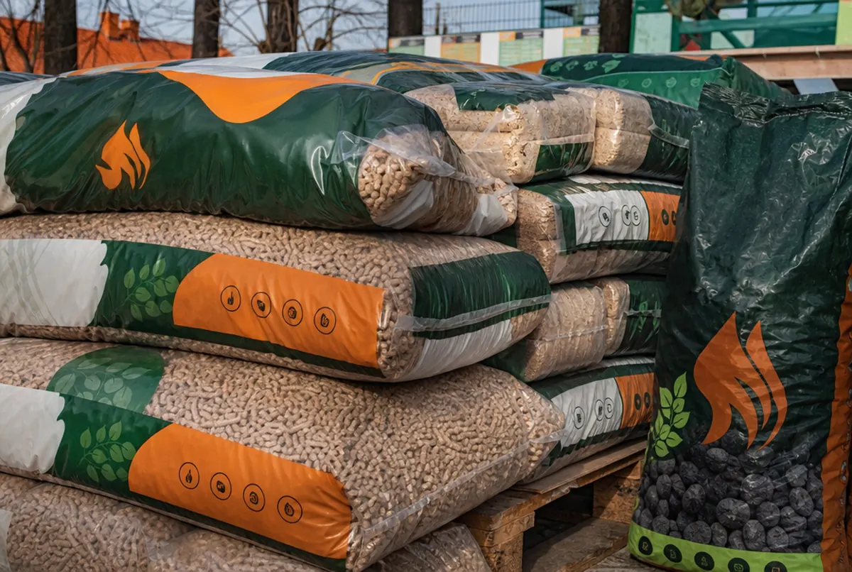 Printed pellet and coal bags on a pallet