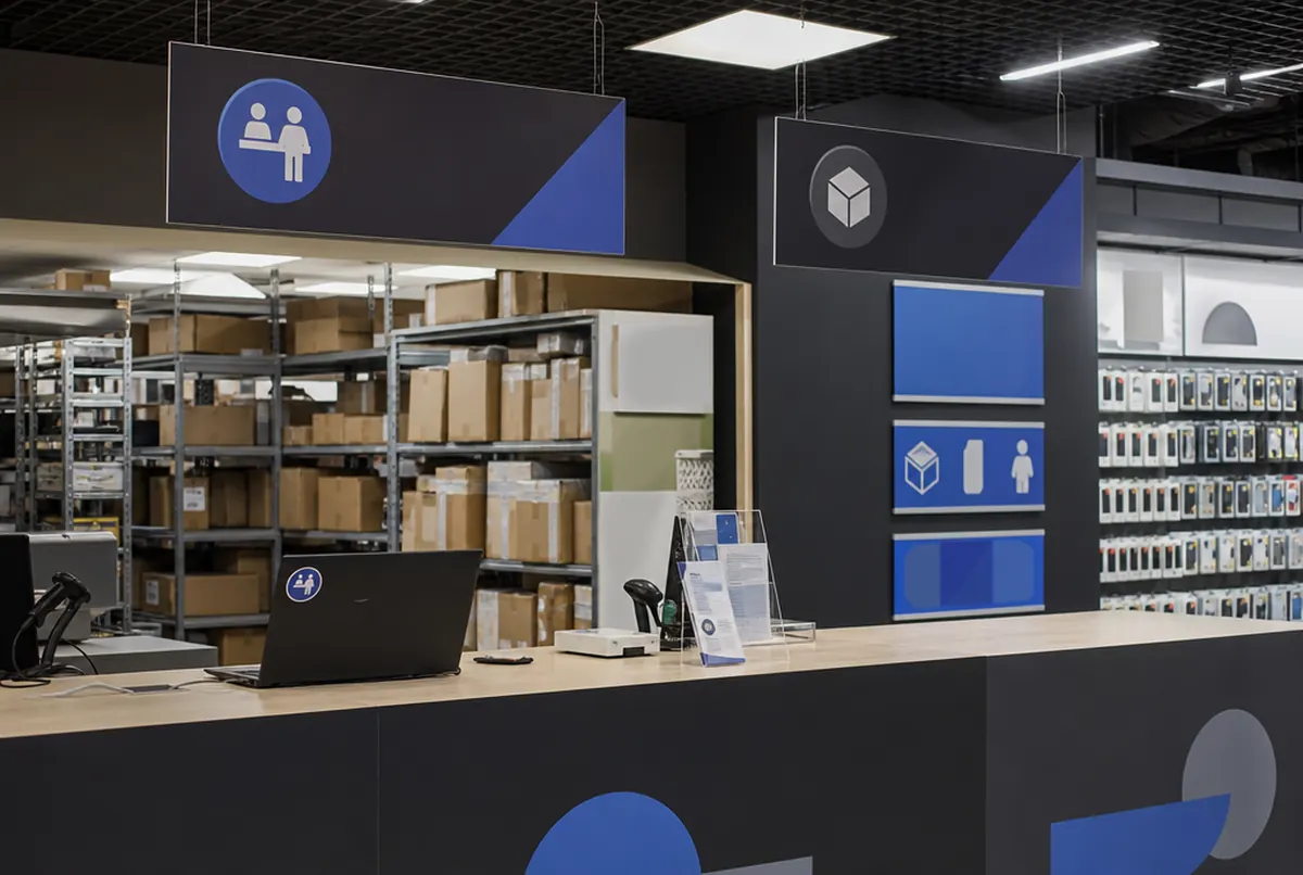 Service- und Abholpunkt in einem Elektronikmarkt mit Schildern über der Theke