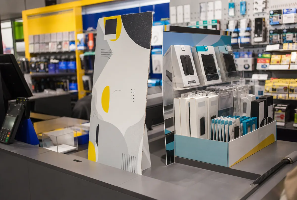 Kartonaufsteller und Display an der Kasse eines Elektronikmarkts