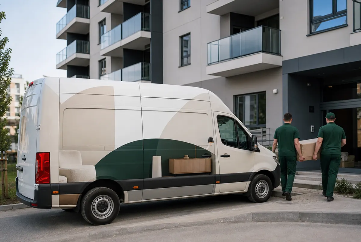 Beschrifteter Lieferwagen eines Möbelhauses bei der Möbellieferung