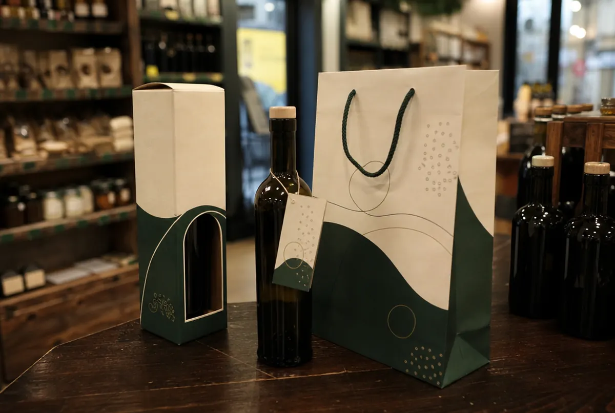 Bottle gift box, neck hanger and bag from an off-licence