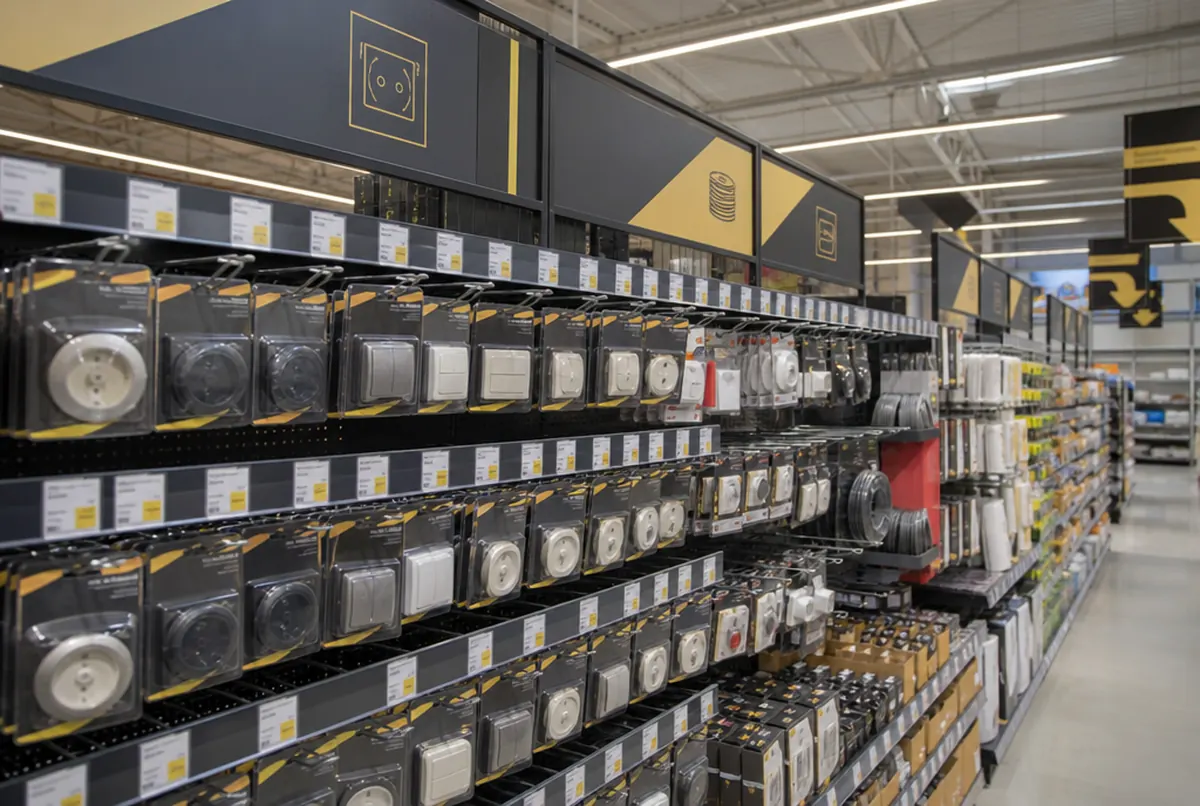 Regale eines Elektrofachgeschäfts mit Displays für Blisterware und Preisleisten