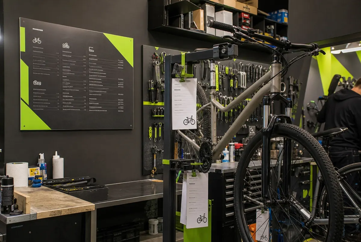 Fahrradwerkstatt mit Preistafel und nummerierten Reparaturscheinen an den Rädern
