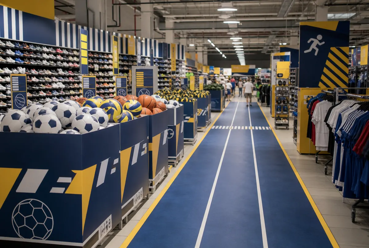 Schüttkörbe mit Bällen und Bodengrafik in einem Sportgeschäft