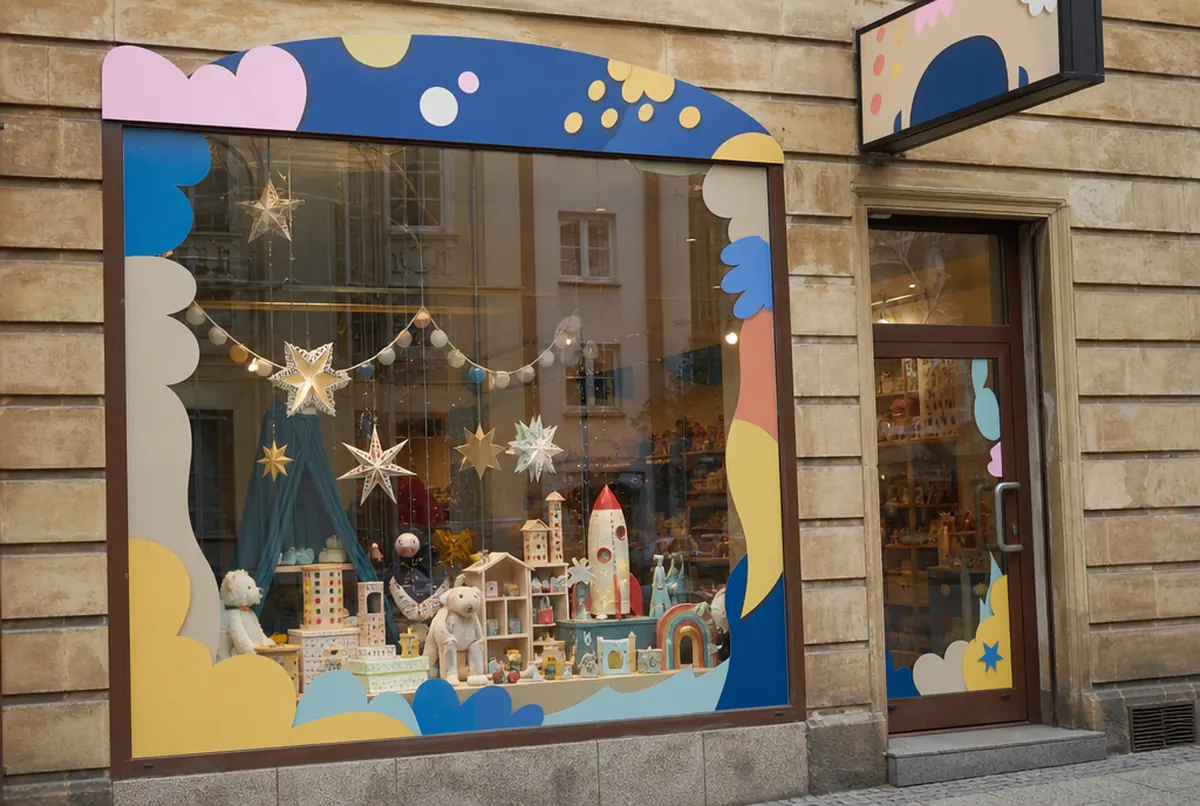 Schaufenster eines Spielwarengeschäfts mit Aufkleberrahmen und Saisondekoration