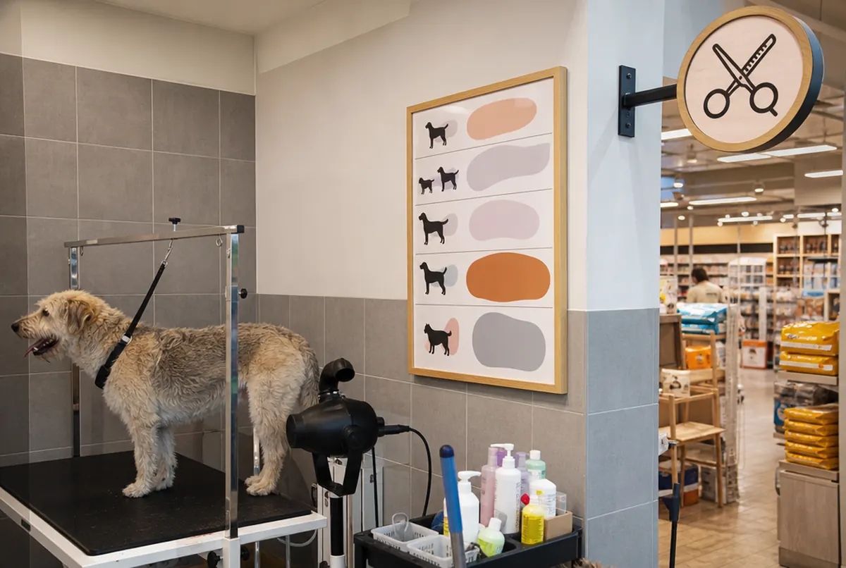 Hundesalon in einem Zoofachgeschäft mit Preisliste und Piktogrammschild