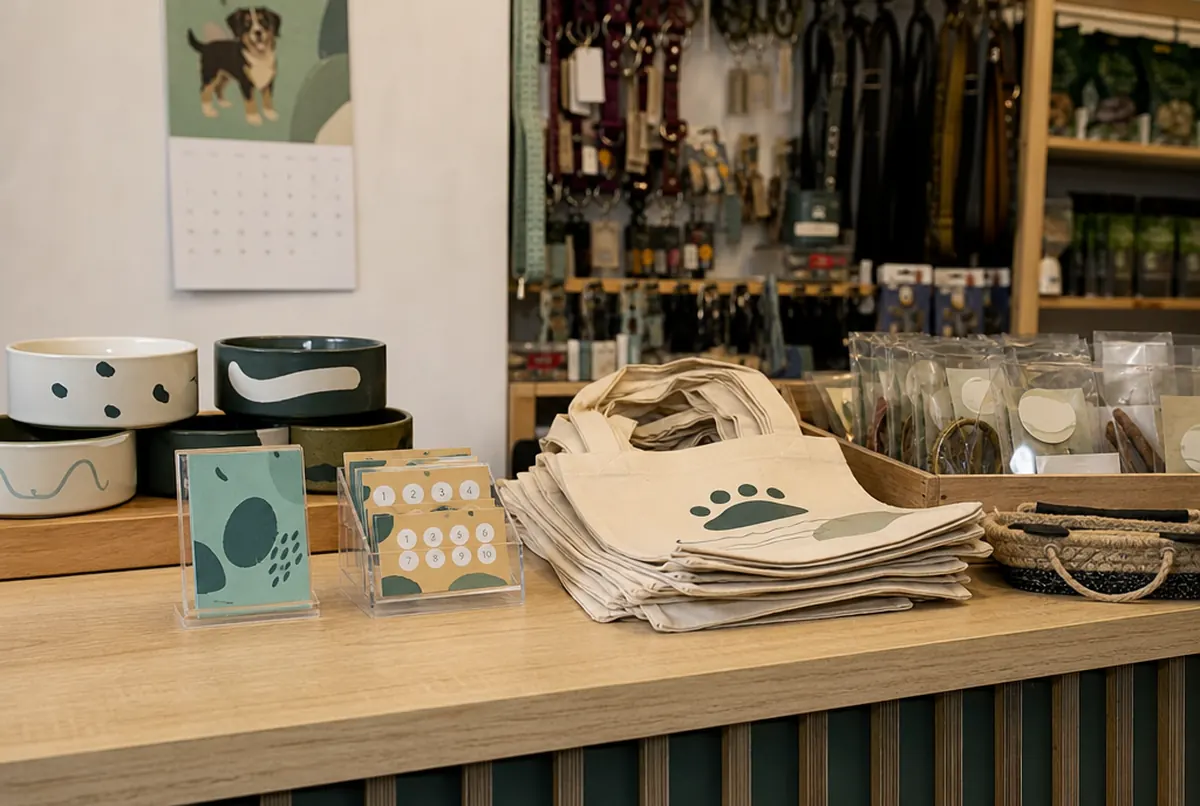 Kundenkarten, Baumwolltaschen und Kalender eines Zoofachgeschäfts