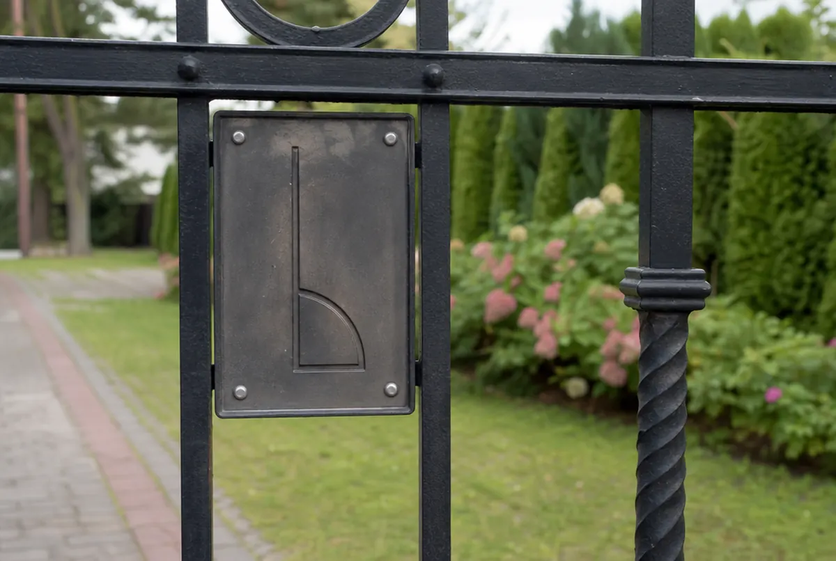 Wrought iron gate with the maker’s engraved rating plate