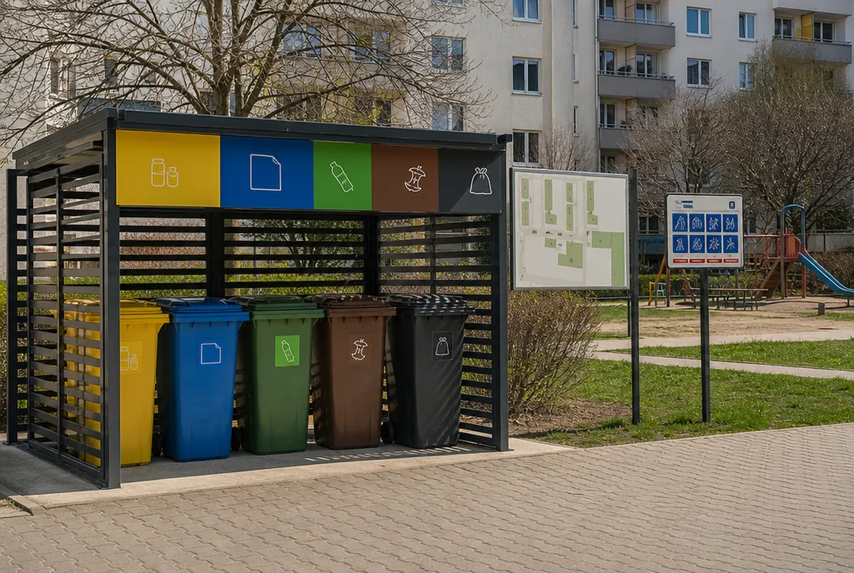 Recycling stickers on a bin store and playground rules board