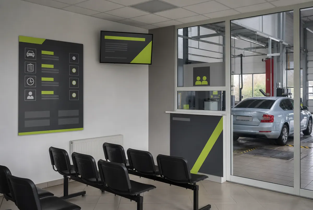 Salle d’attente d’un centre de contrôle technique avec panneau d’information et cadre LED