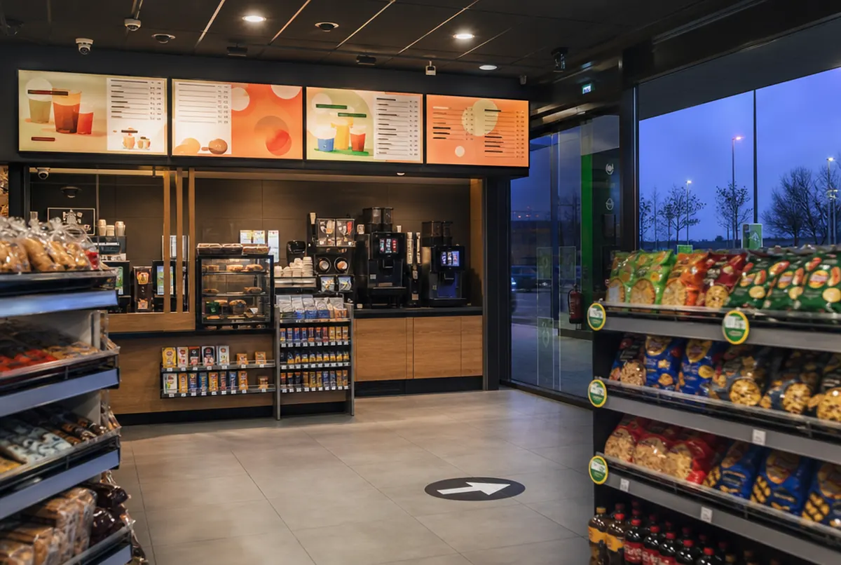 Boutique de station-service avec menu café lumineux et réglettes de prix sur les rayons