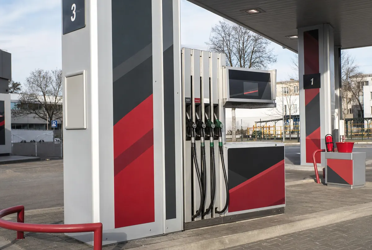 Poteaux d’auvent habillés et îlot de distributeurs dans une station-service