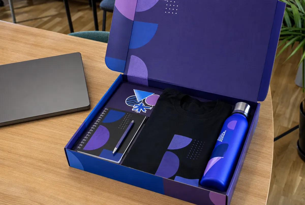 Welcome pack with a T-shirt, notebook and stickers for a new employee