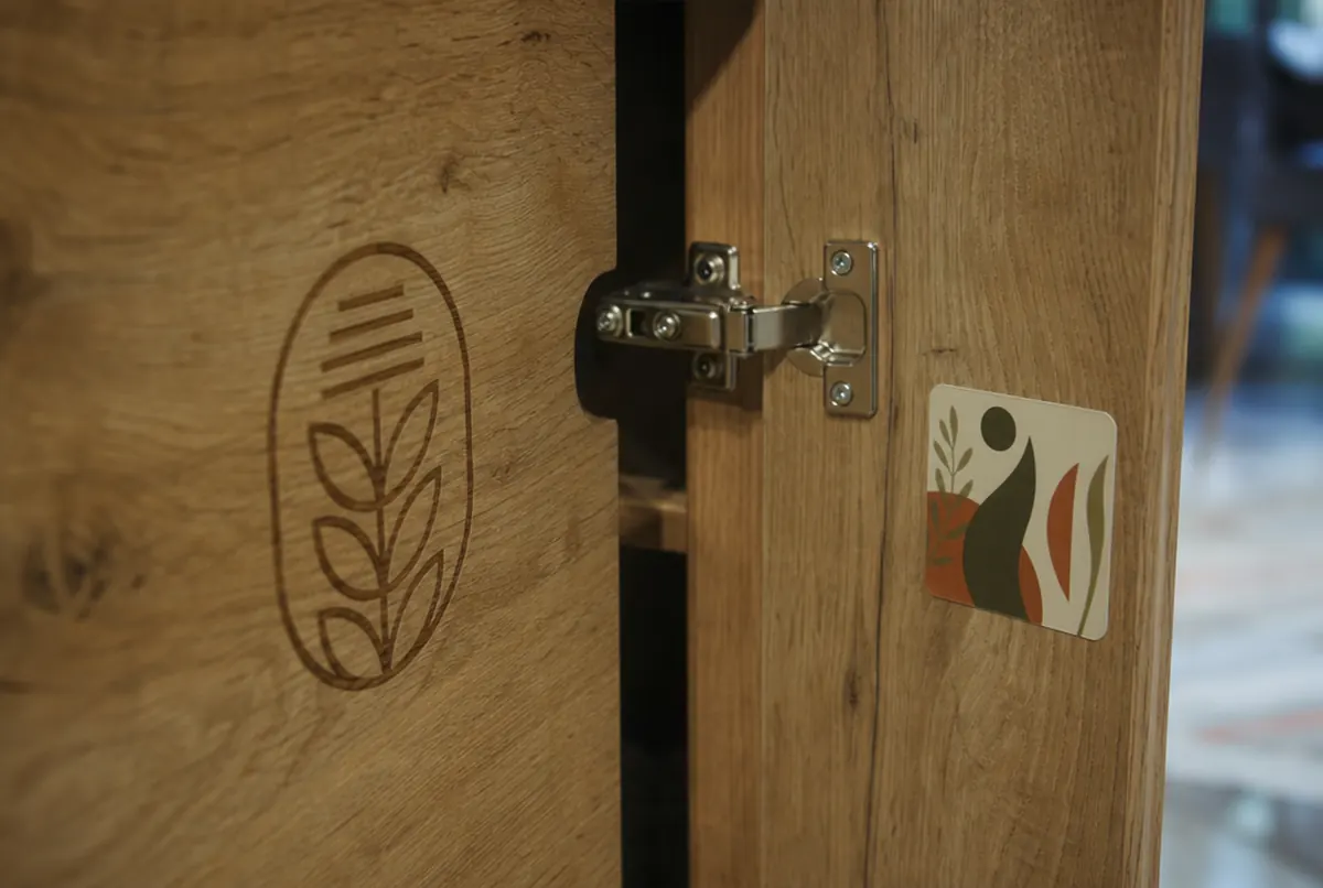 Logo engraved on wood and a warranty sticker inside a bespoke cabinet