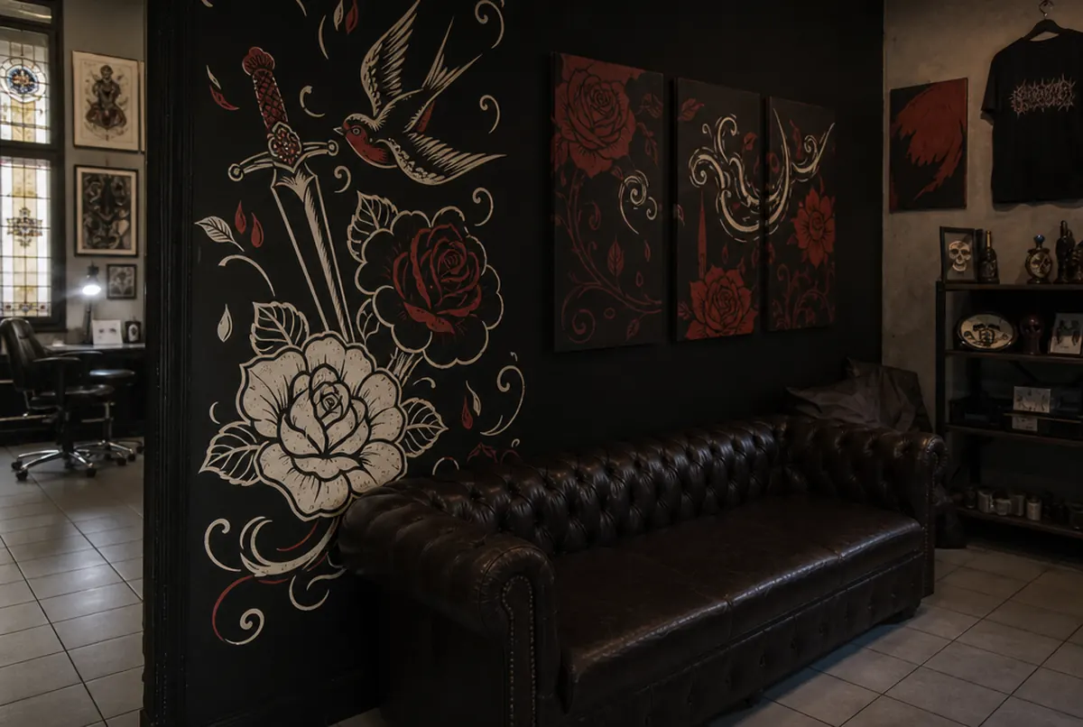 Tattoo studio waiting area with a wall graphic and canvases