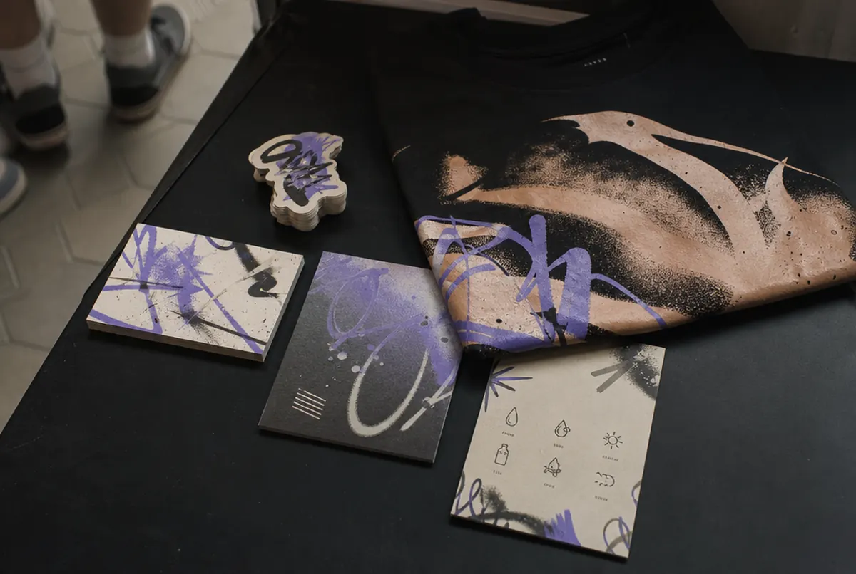 Stickers, T-shirt, aftercare card and voucher from a tattoo studio