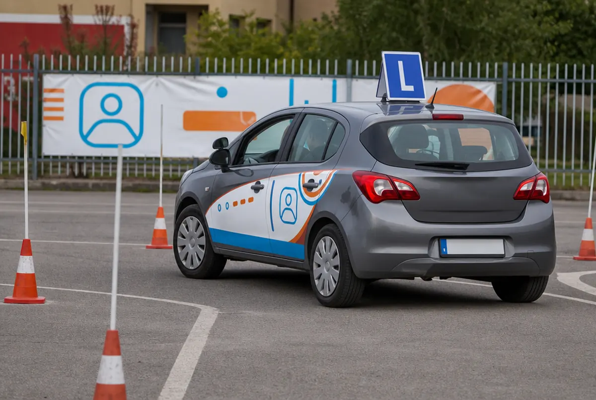 Beklebtes Fahrschulauto auf dem Übungsplatz mit Banner am Zaun