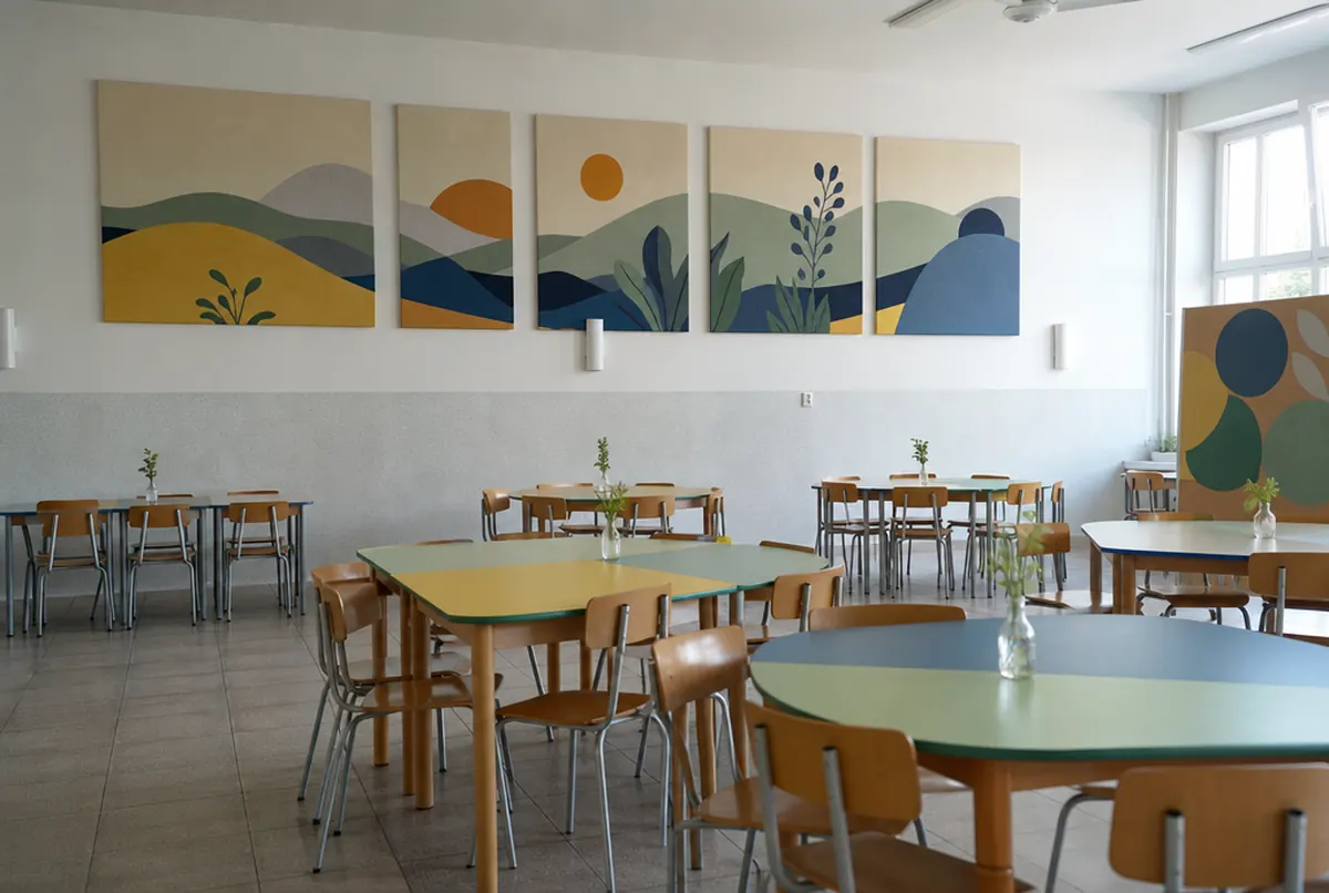 School dining hall with colourful printed acoustic panels on the walls