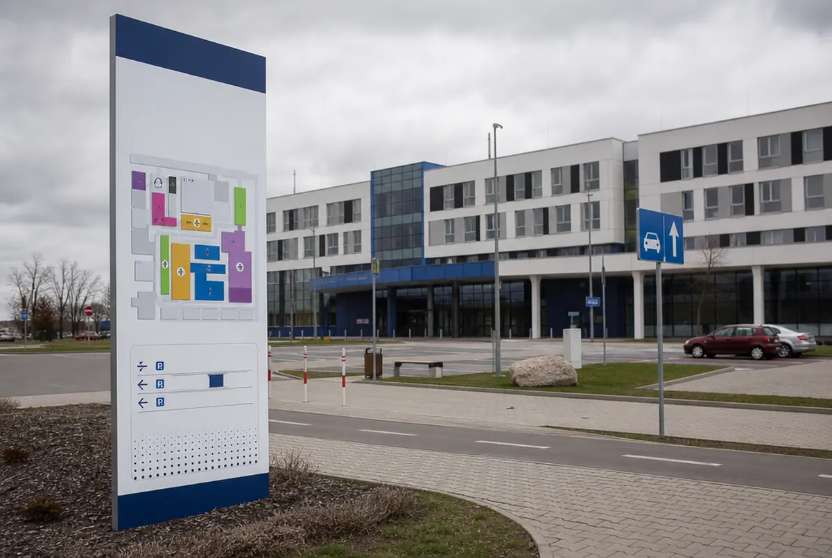 Hospital site map totem and car park directional signs at the gate
