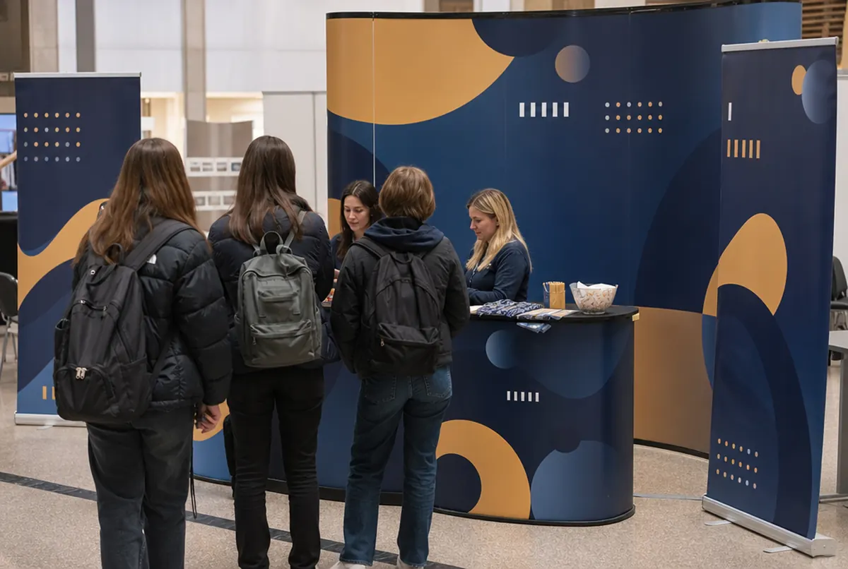 University stand at an education fair with a counter and a backdrop