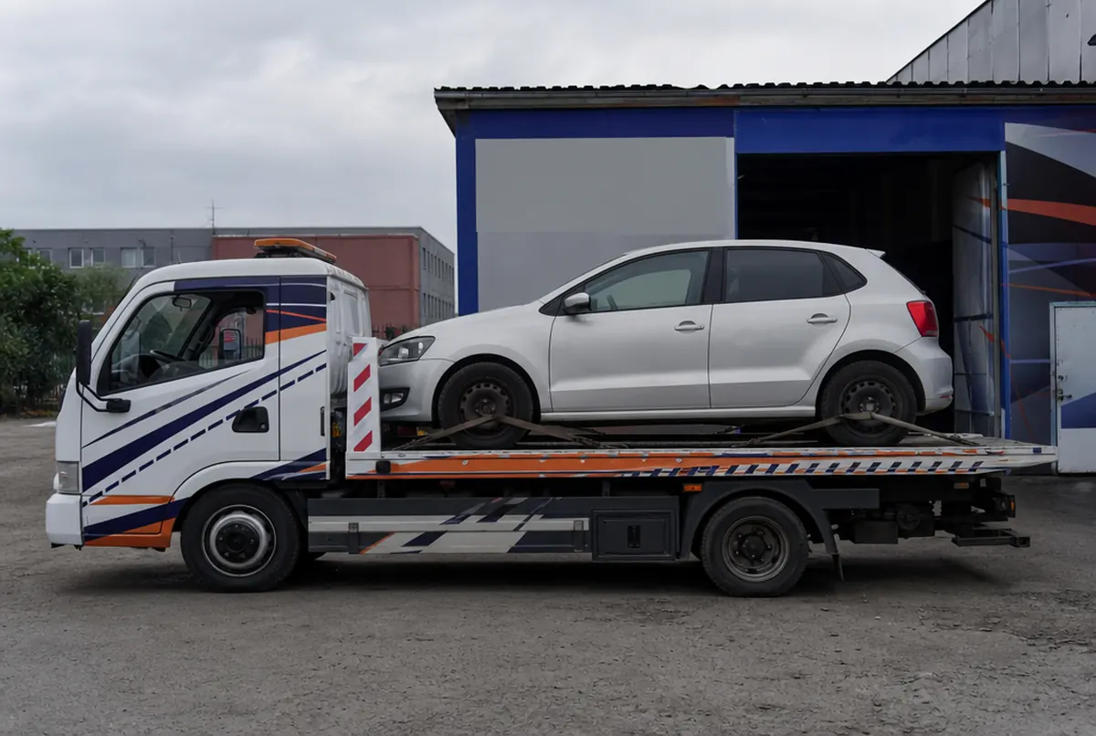 Garage recovery truck wrapped in company-colour graphics in front of the workshop door