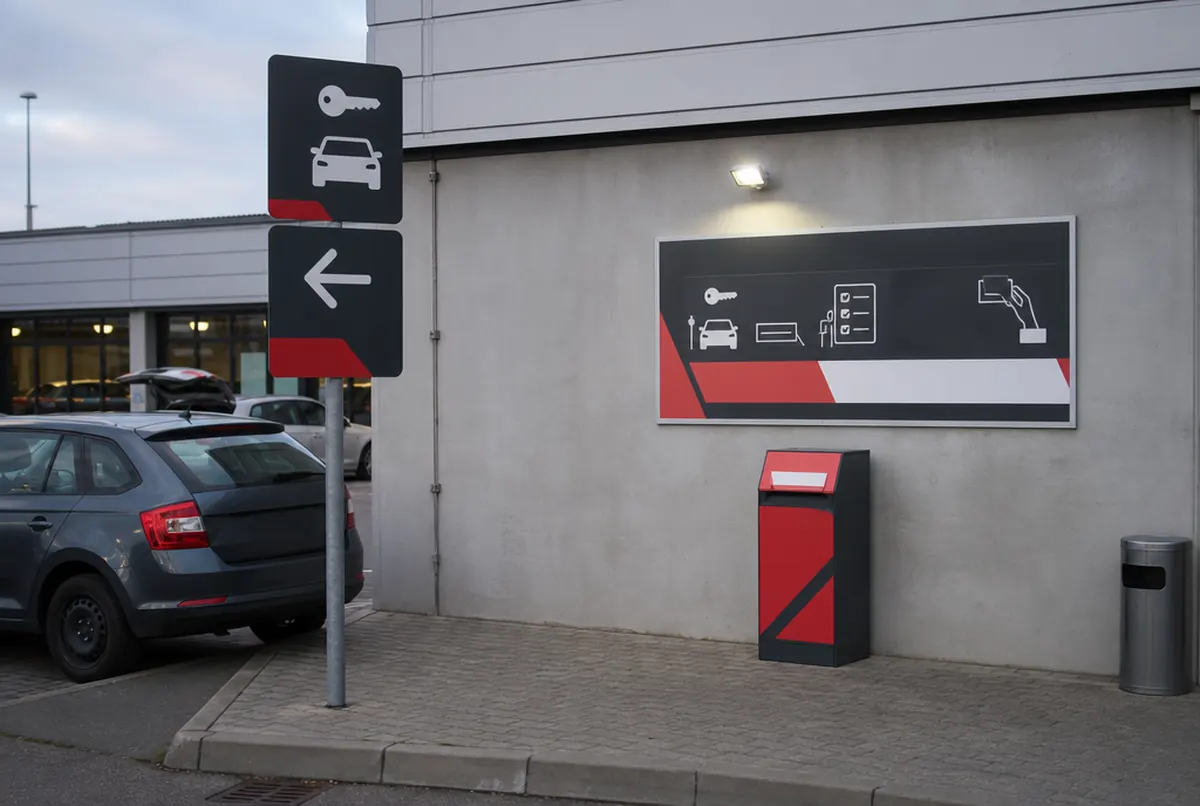 Zone de retour des véhicules d’une agence de location avec panneaux et consignes