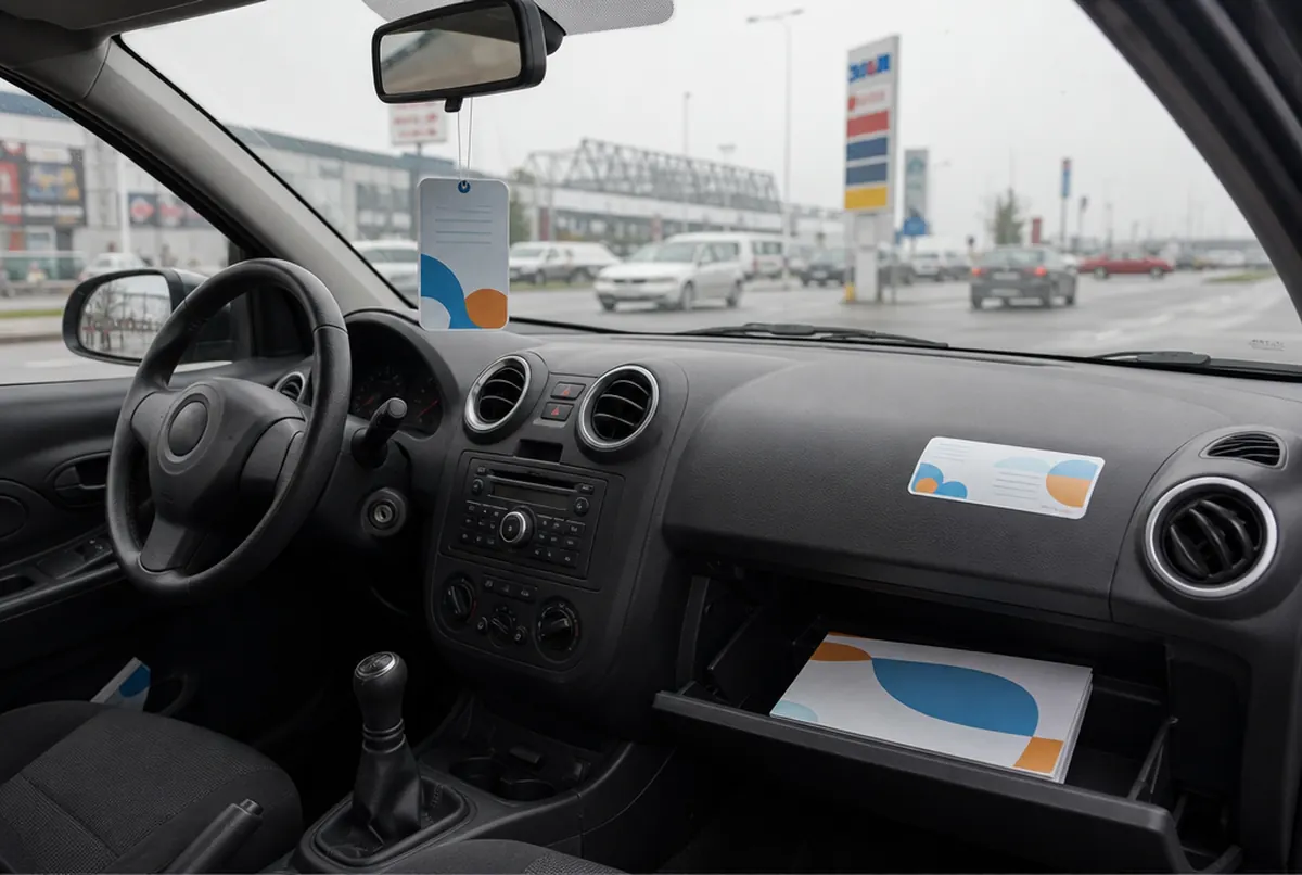 Pochette à documents, accroche-rétroviseur et autocollants d’information dans une voiture de location