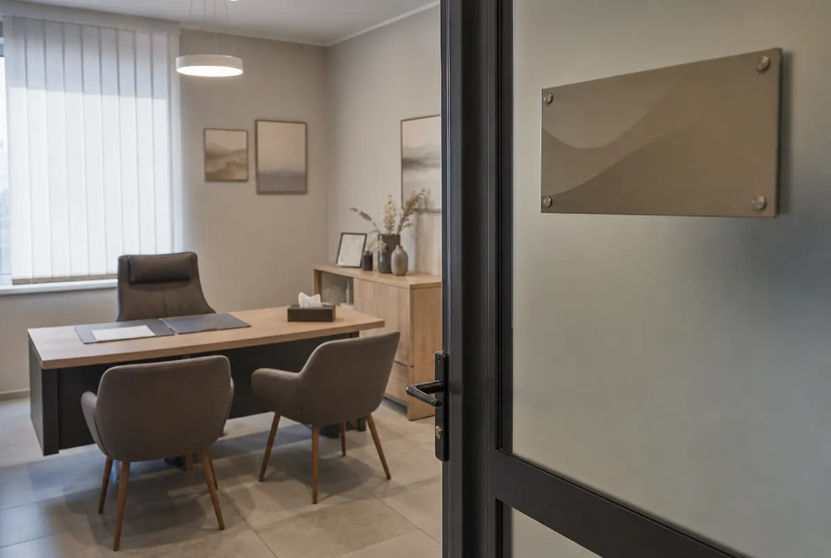 Büro eines Bestattungsunternehmens mit Milchglasfolie und Türschild