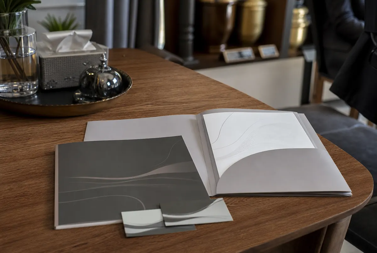 Leistungsflyer, Unterlagenmappe und Visitenkarten eines Bestattungsunternehmens