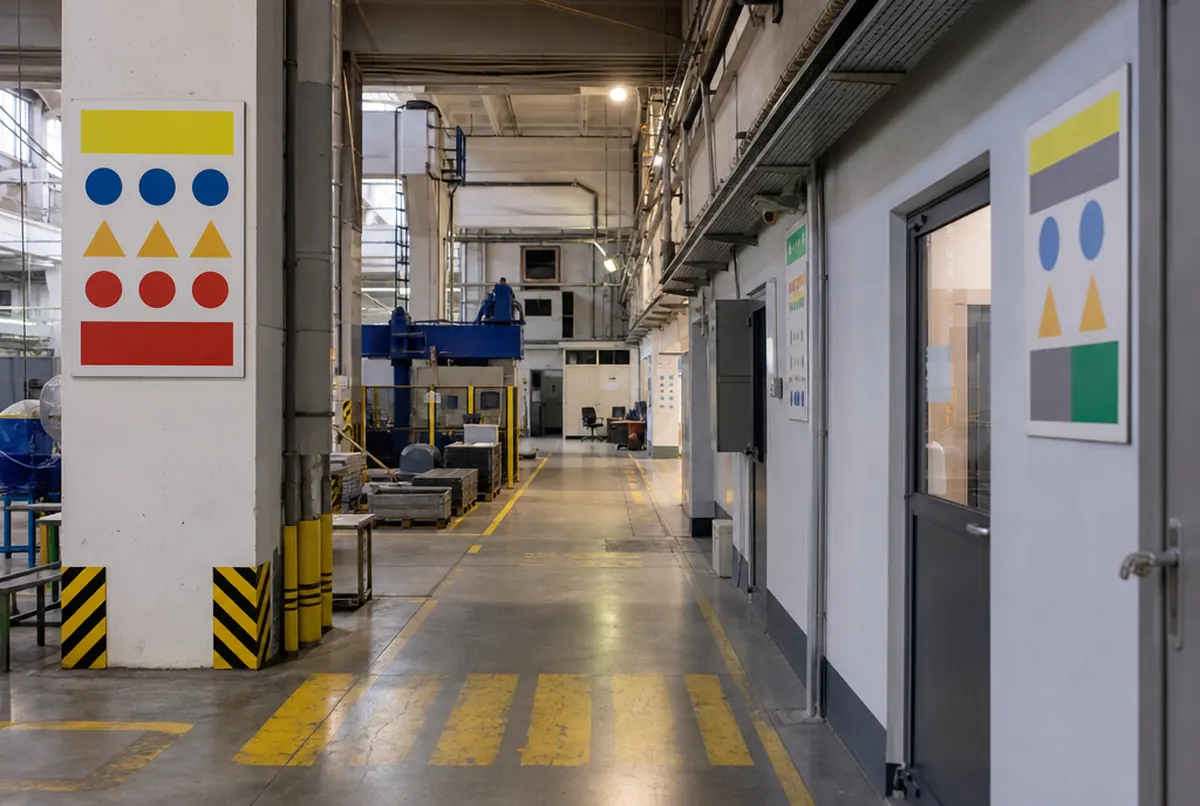 Production hall with floor markings and zone signs
