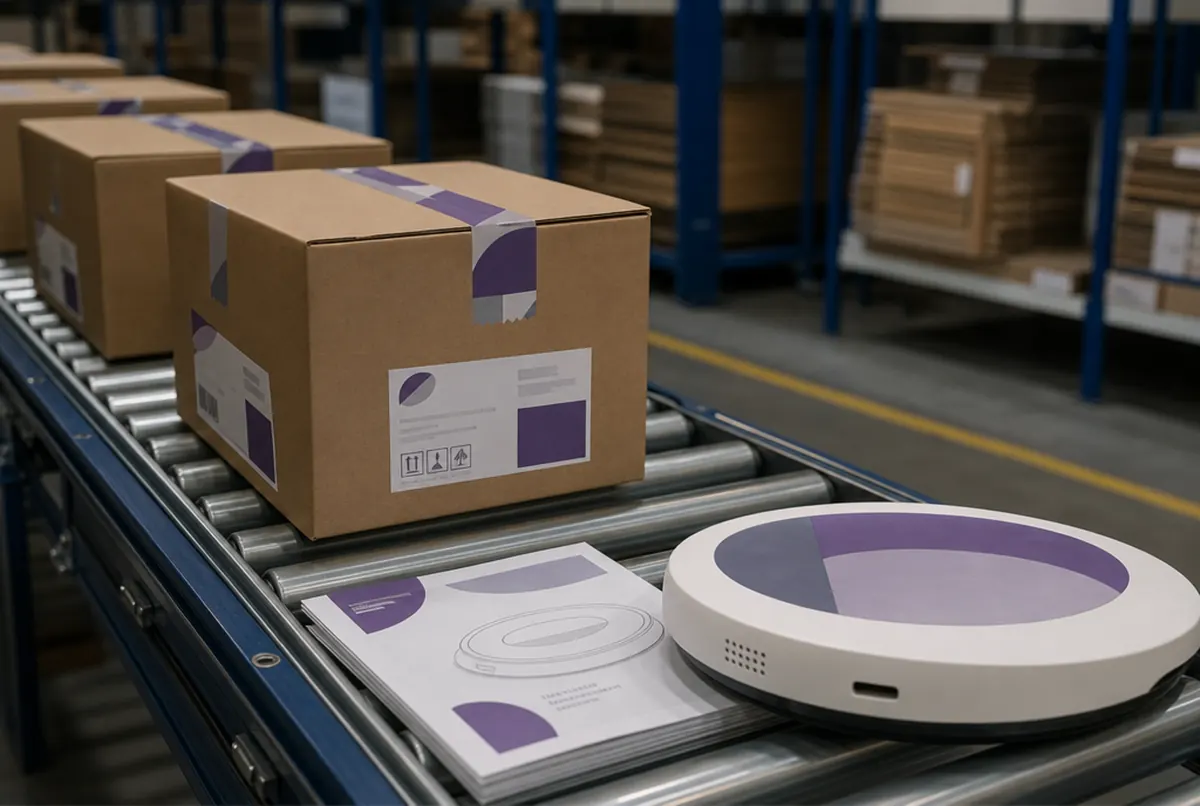 Logistics labels, branded packing tape and a product manual