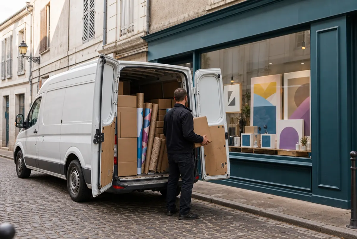 Weißer Lieferwagen mit Kartons und Druckrollen vor einem Geschäft