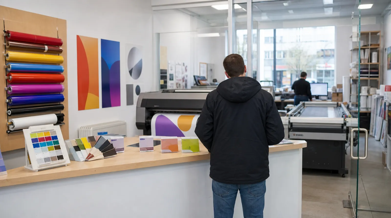 Helles Werbetechnik-Geschäft mit Theke, Farbfächern, Folienrollen und Plotter im Hintergrund