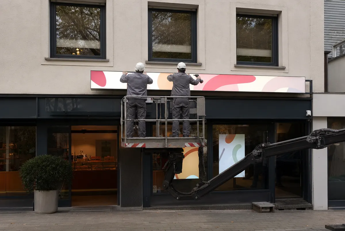 Montageteam auf einer Hubarbeitsbühne befestigt einen Leuchtkasten über dem Eingang