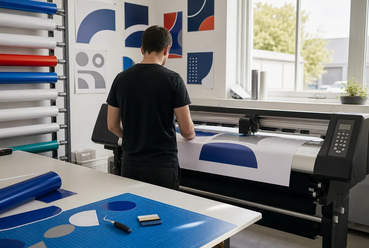 Werkstattinhaber von hinten am Schneideplotter mit blauer Folie
