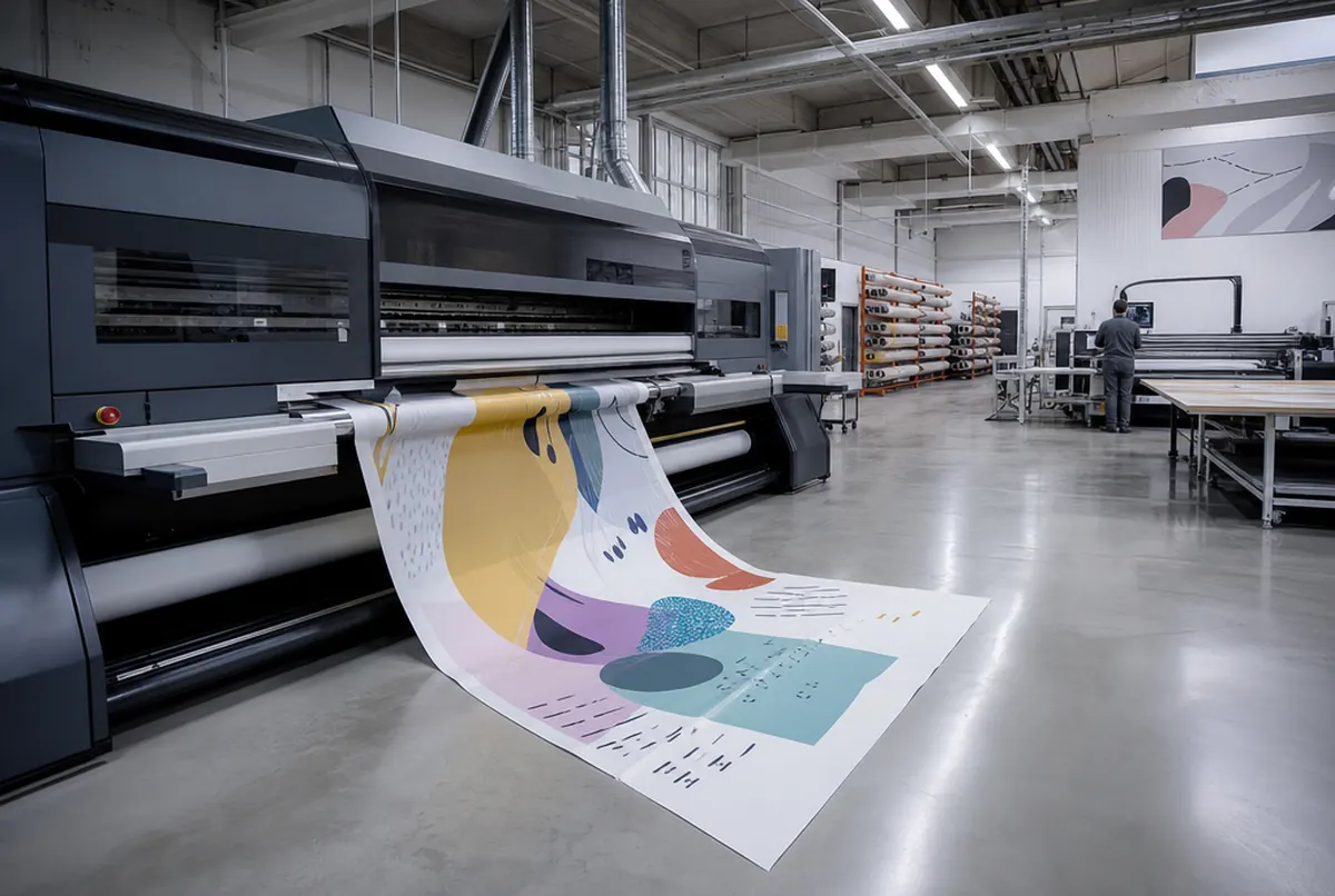 Produktionshalle mit breitem UV-Drucker und einem Mitarbeiter in der Ferne