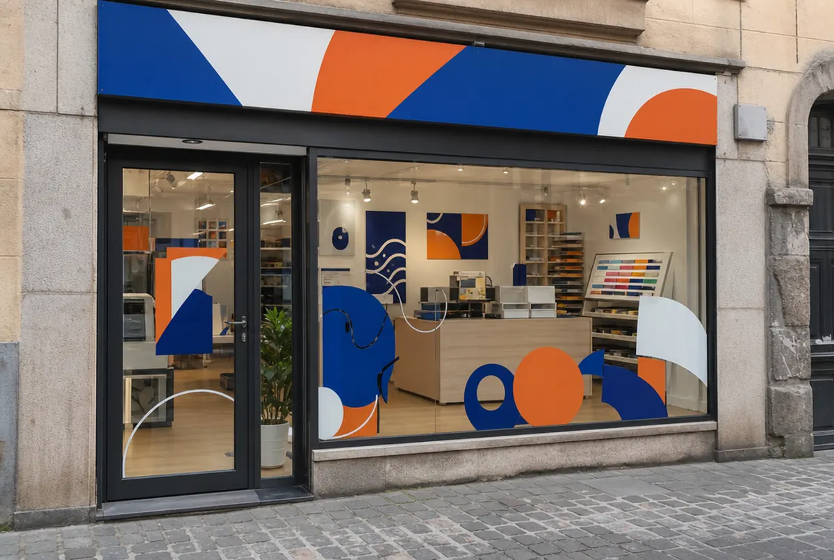 Schaufenster einer Werbetechnik-Werkstatt mit abstraktem farbigem Erscheinungsbild, ohne Schrift