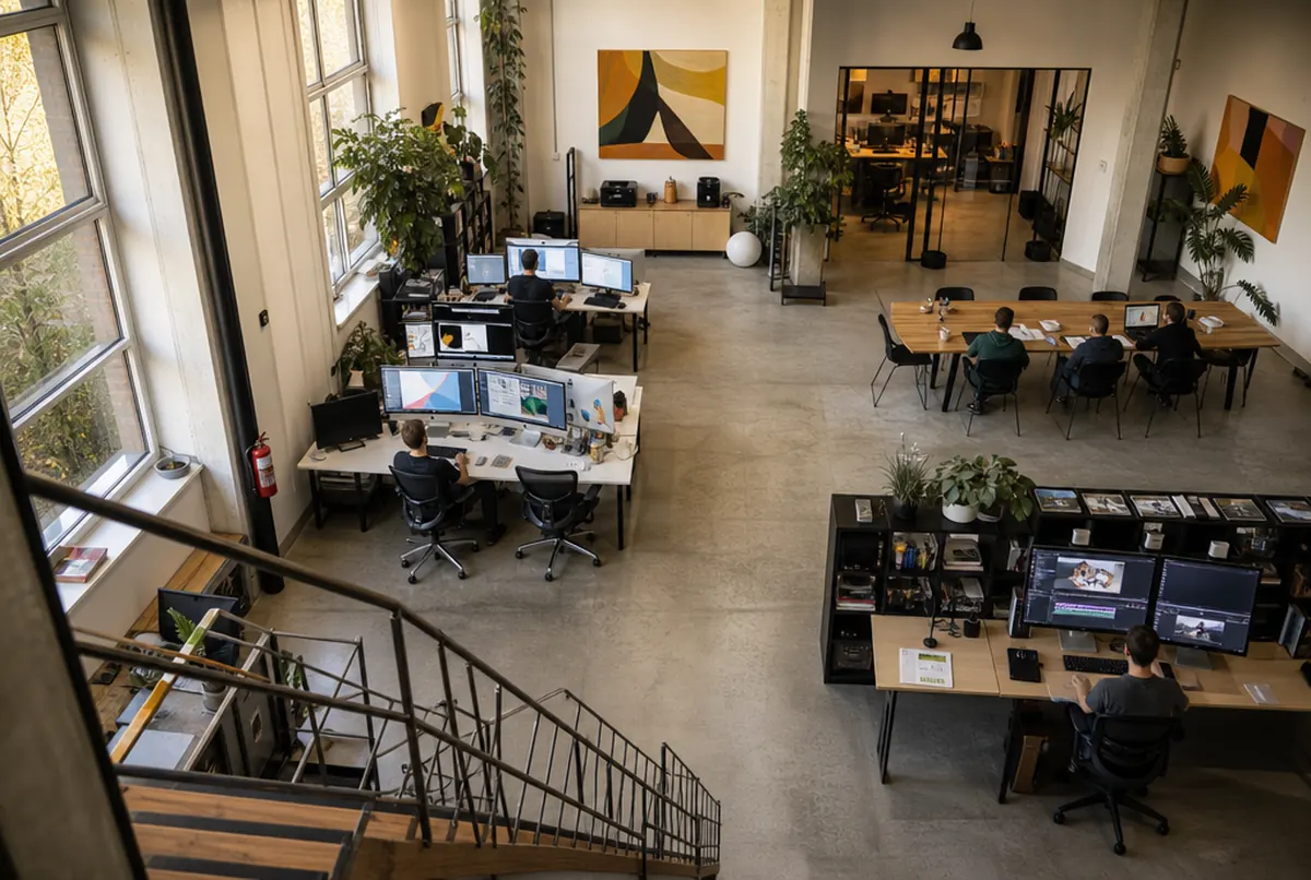 An agency office with design teams seen from a mezzanine