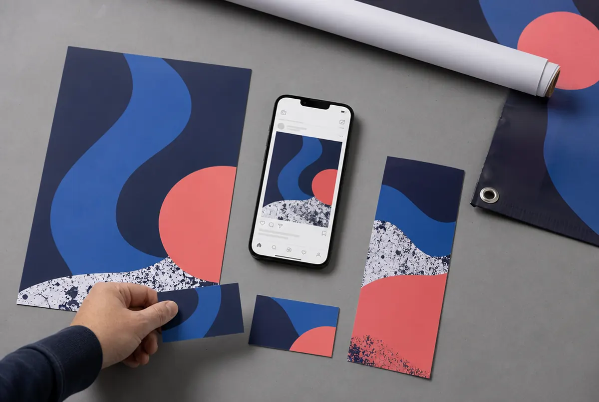 A poster, a phone showing a campaign, a business card and a banner sample