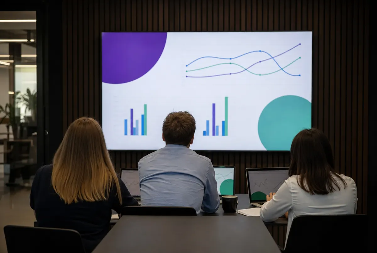 Marketingteam analysiert Diagramme auf einem großen Bildschirm