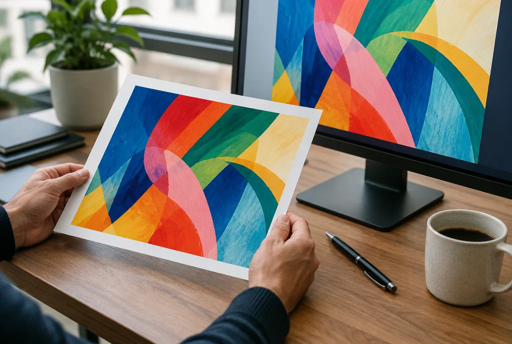 Die Hände eines Kunden halten einen Probedruck neben einem Monitor mit demselben Entwurf, daneben Kugelschreiber und Kaffee