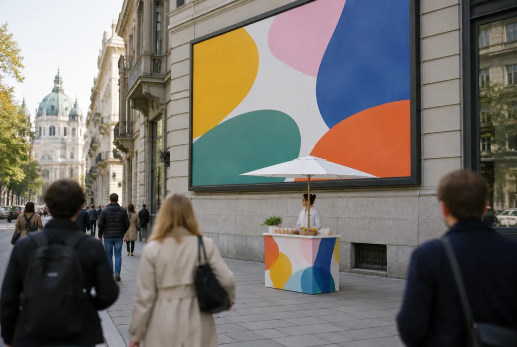 City street with a large billboard on a building and a promotional tasting stand on the pavement, passers-by seen from behind