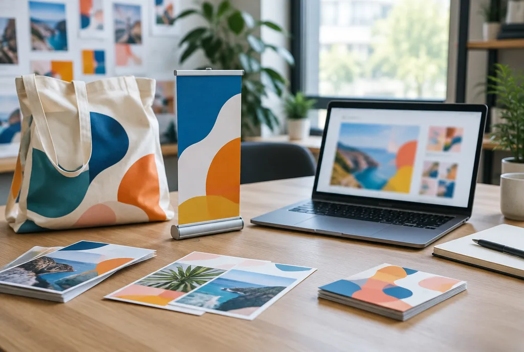 Advertising agency desk with flyers, a small roller banner, a printed bag and a laptop showing a blurred campaign design