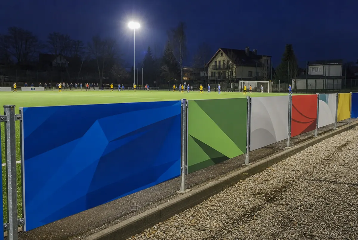 Advertising boards along a football pitch under floodlights