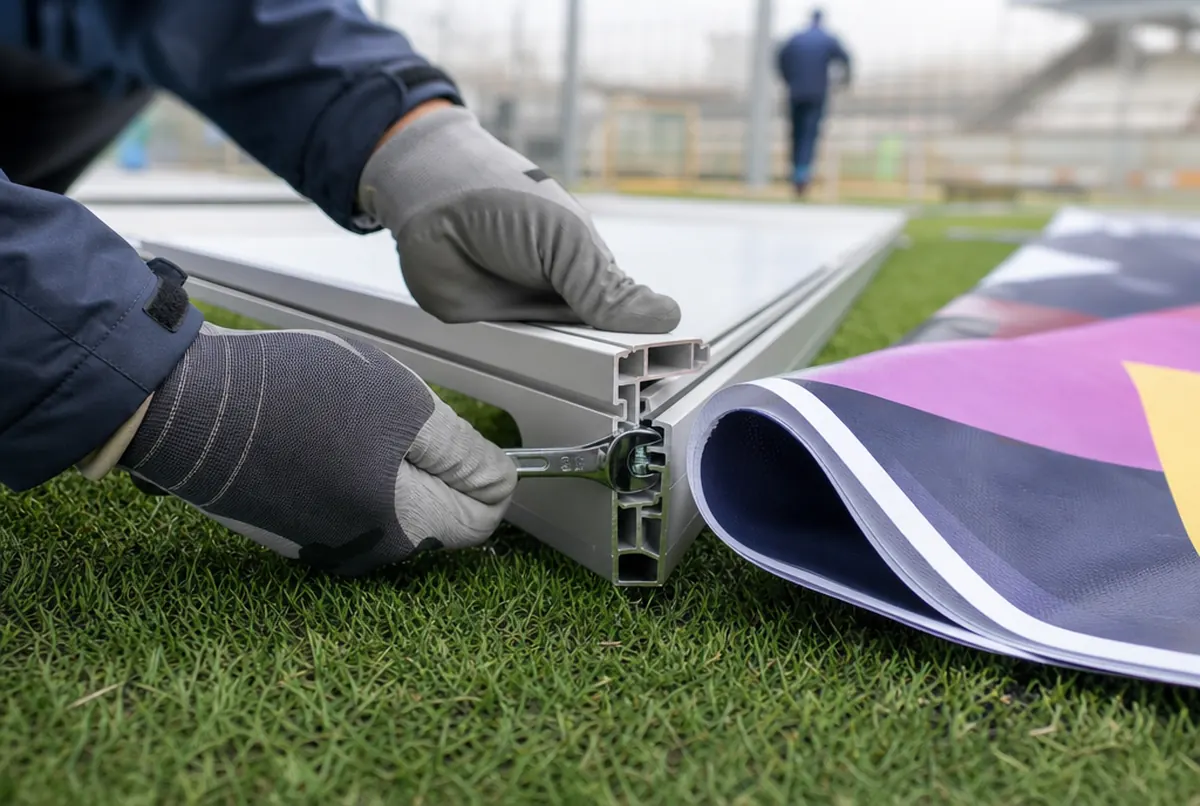 Assembling the aluminium frame of an advertising board