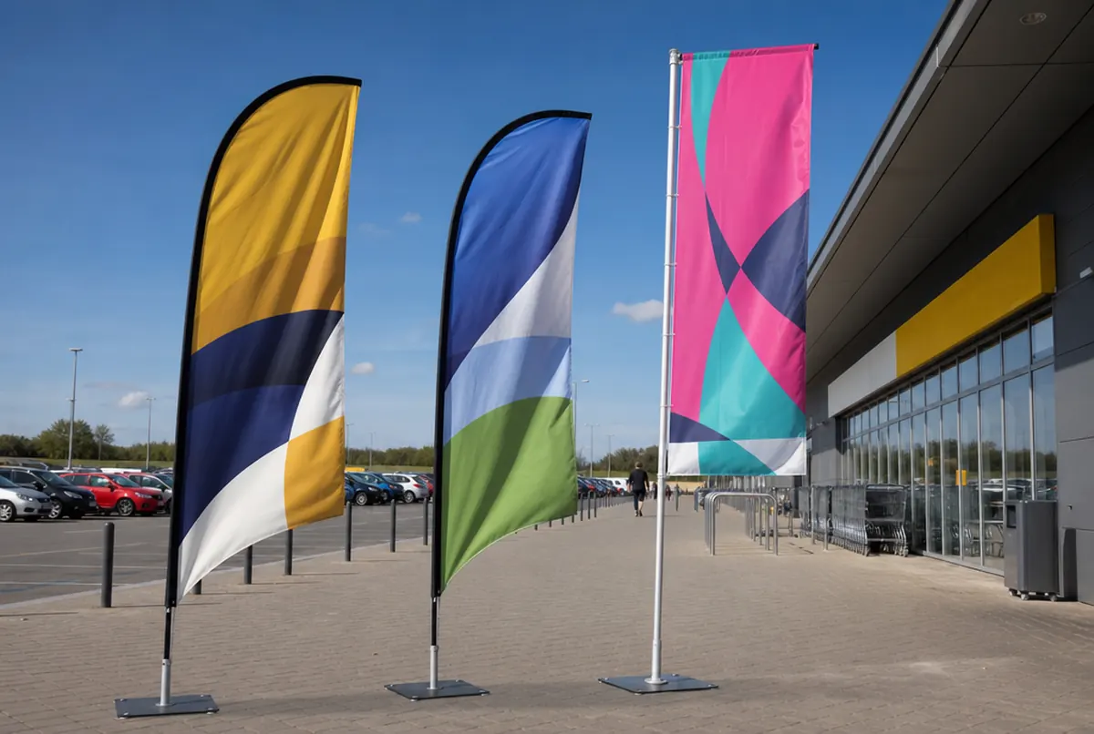 Feather, teardrop and rectangle flags blowing in the wind