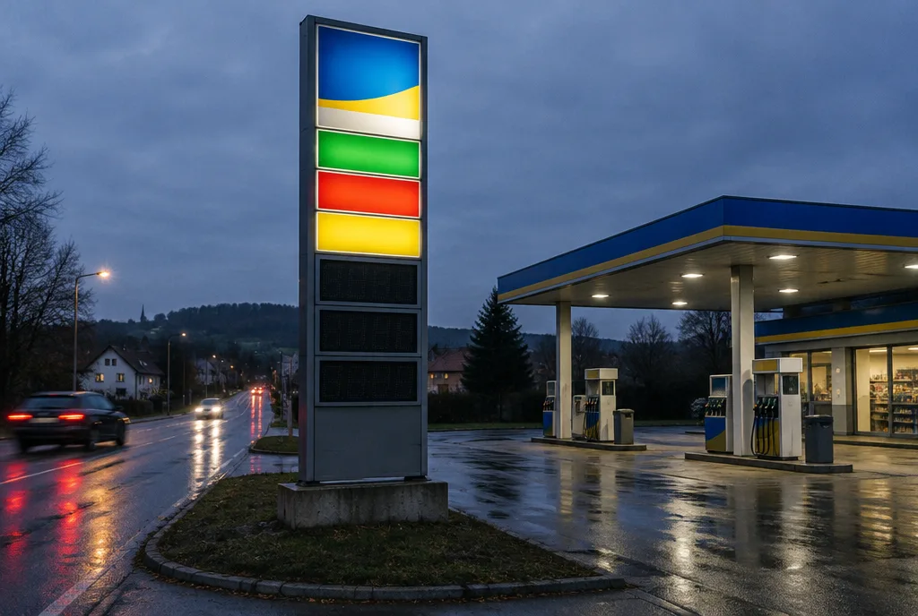 Alto totem prezzi presso una stazione di servizio al tramonto, cassonetti e pannelli prezzi illuminati visibili dalla strada d'accesso