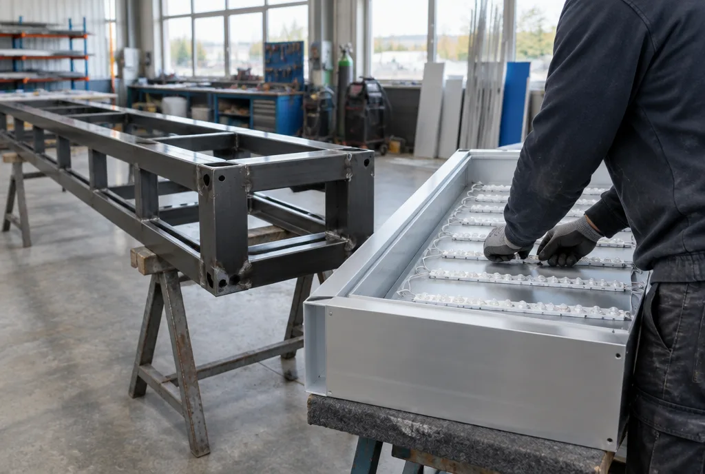 Struttura del totem prezzi in officina, un tecnico con i guanti monta i moduli LED nella cassa in alluminio del cassonetto